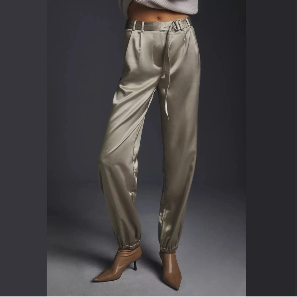 Maeve Anthropologie Satin Jogger Pants Champagne Belted Women's Size 12